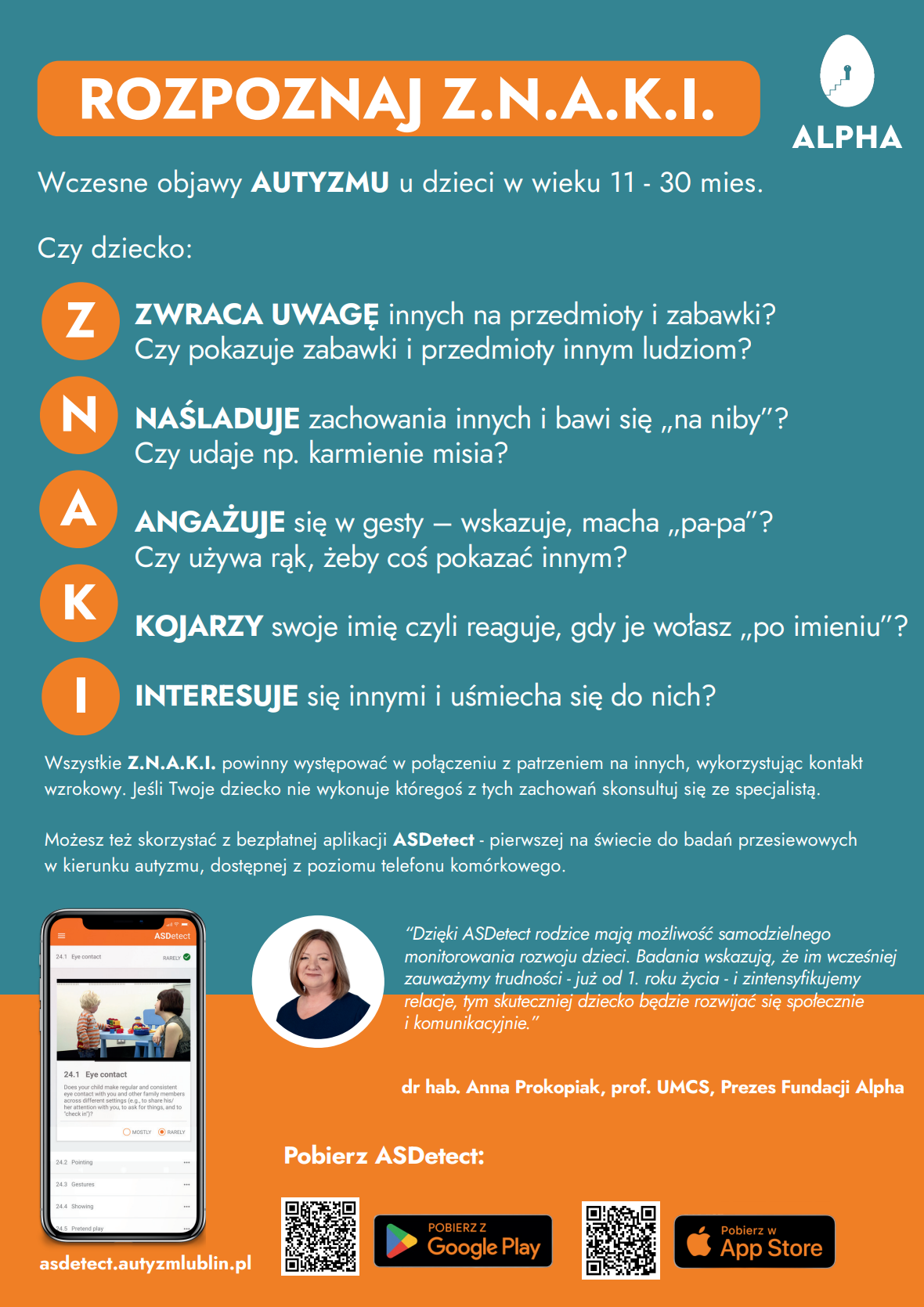 Plakat informacyjny Rozpoznaj Z.N.A.K.I. – wczesne objawy autyzmu u dzieci